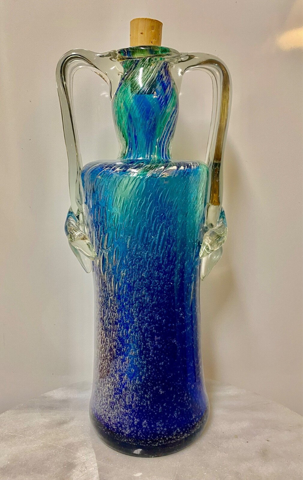 Hand Blown Glass Pitcher Carafe Blue Green Swirled w Bubbles Clear Glass Handles