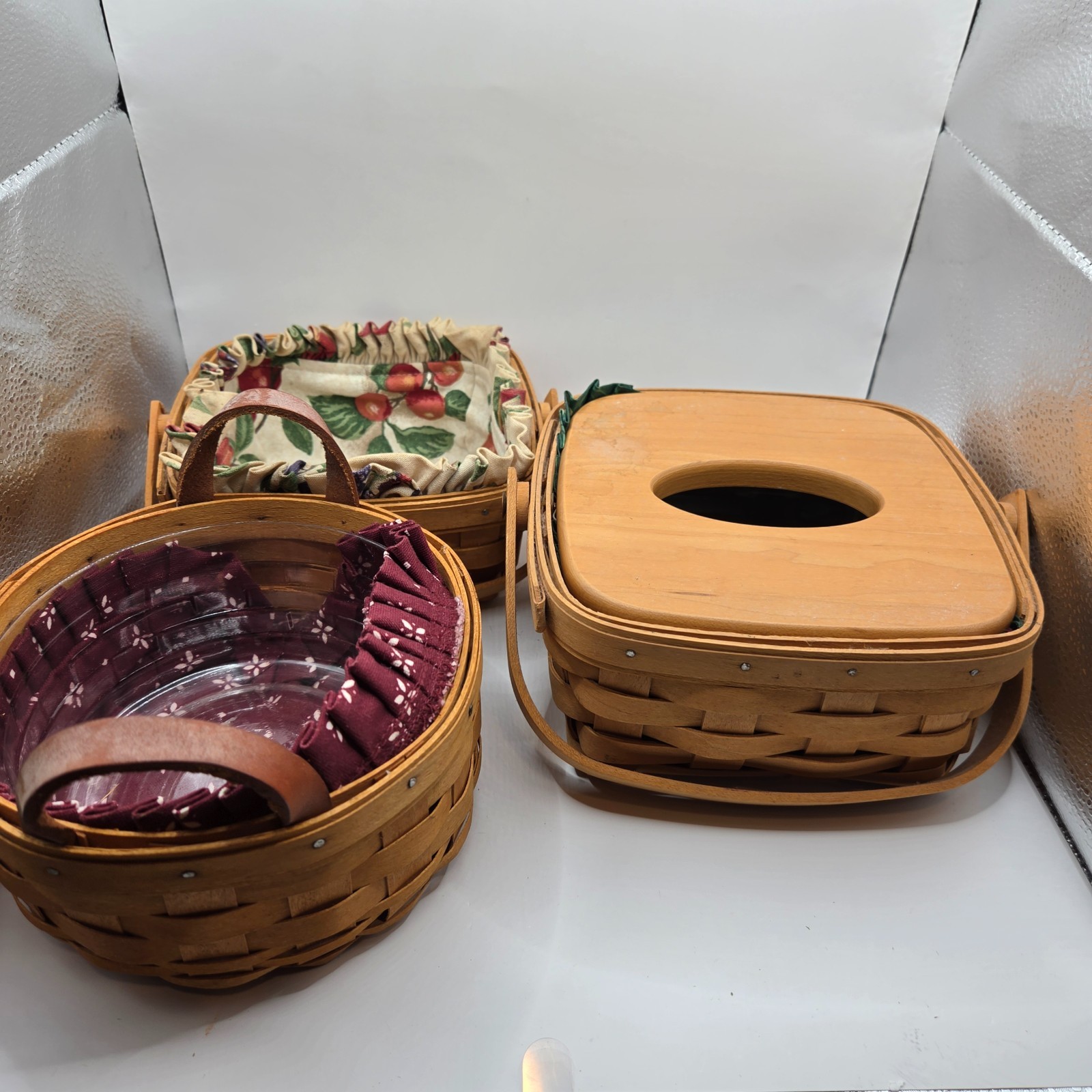 Longaberger Basket Lot 3 Handwoven USA Liners Protector Tissue Lid Vintage