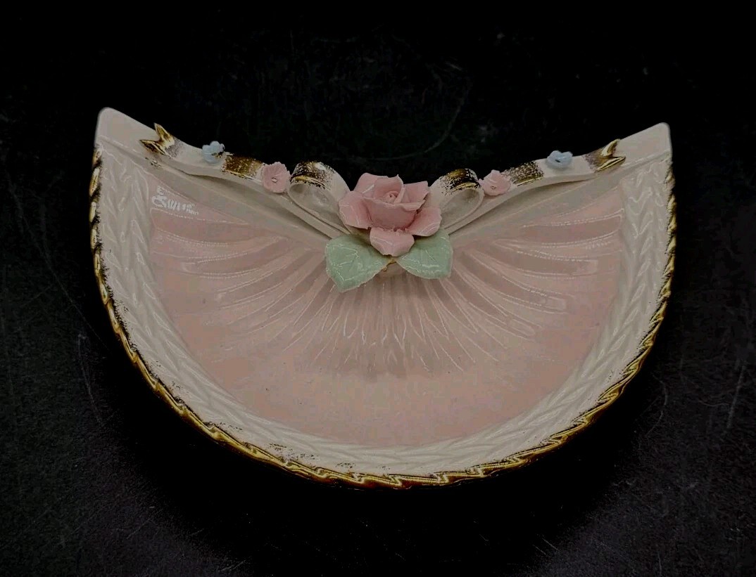 2pc 1950s Enesco Pink Sculpted Porcelain Crimp Fan w/ Rose & Bow Pin Dishes
