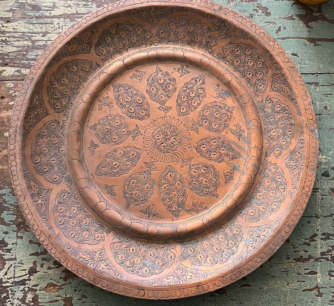 Vintage 15-3/8 In Diameter Copper Serving Tray Embossed Engraved Designs