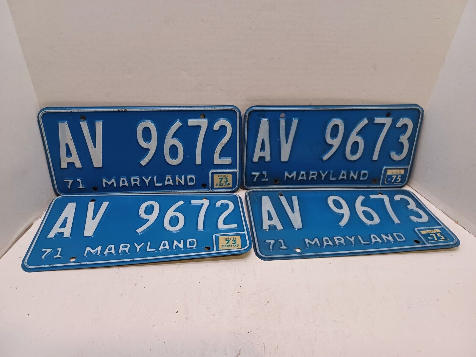 1971 Vintage Matched 2 Pair Maryland License Plates AV9672/AV9673 Sequential# B2