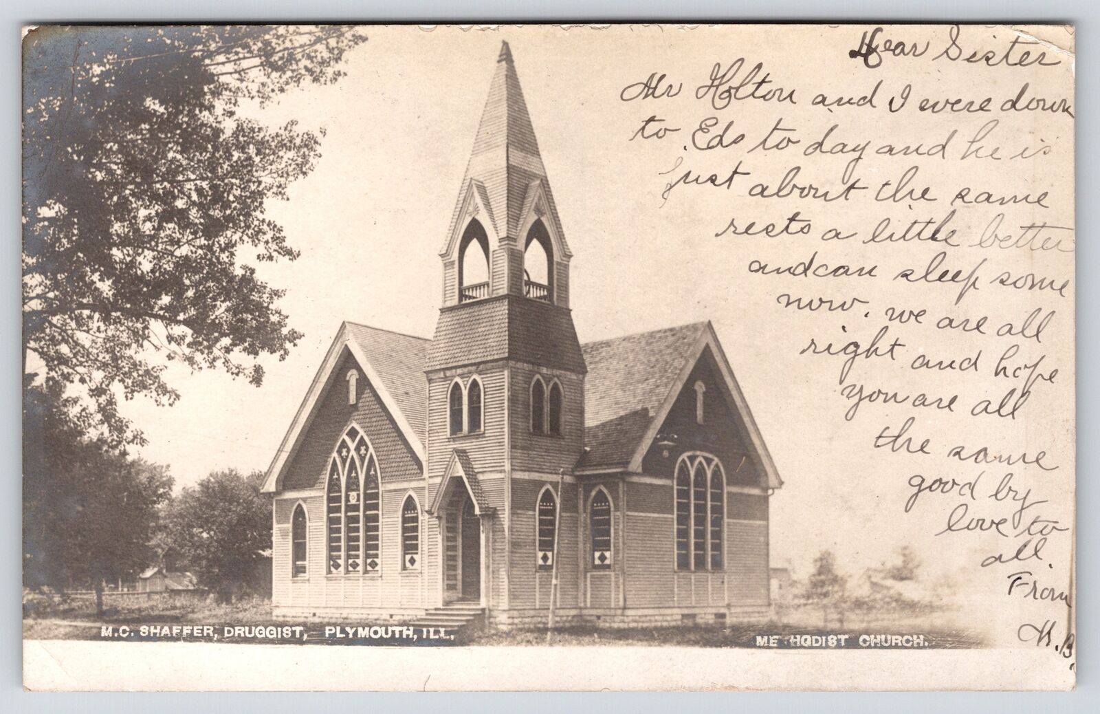 Plymouth Illinois~Methodist Church~MC Shaffer Druggist Pub~1907 UDB RPPC