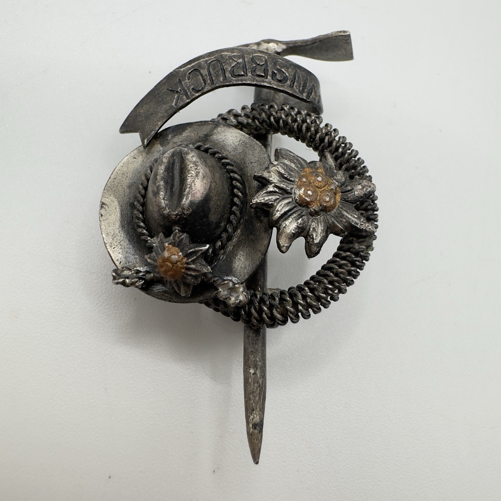 Vintage Innsbruck Austria Souvenir Brooch Edelweiss Hat Alpine Silver Tone 60s