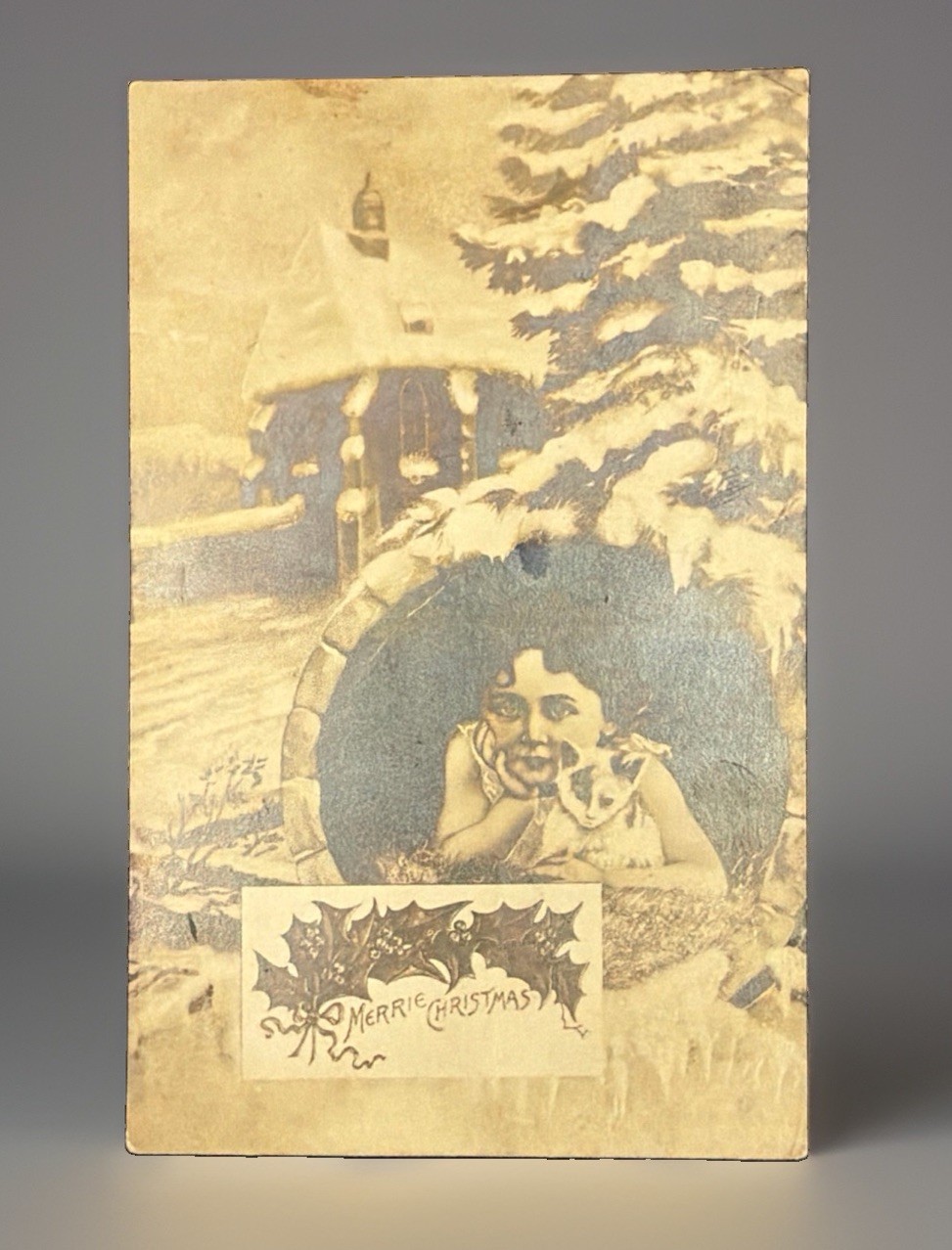 Antique 1908 Christmas Postcard Child & Cat Snowy Church Karbo RPPC Real Photo