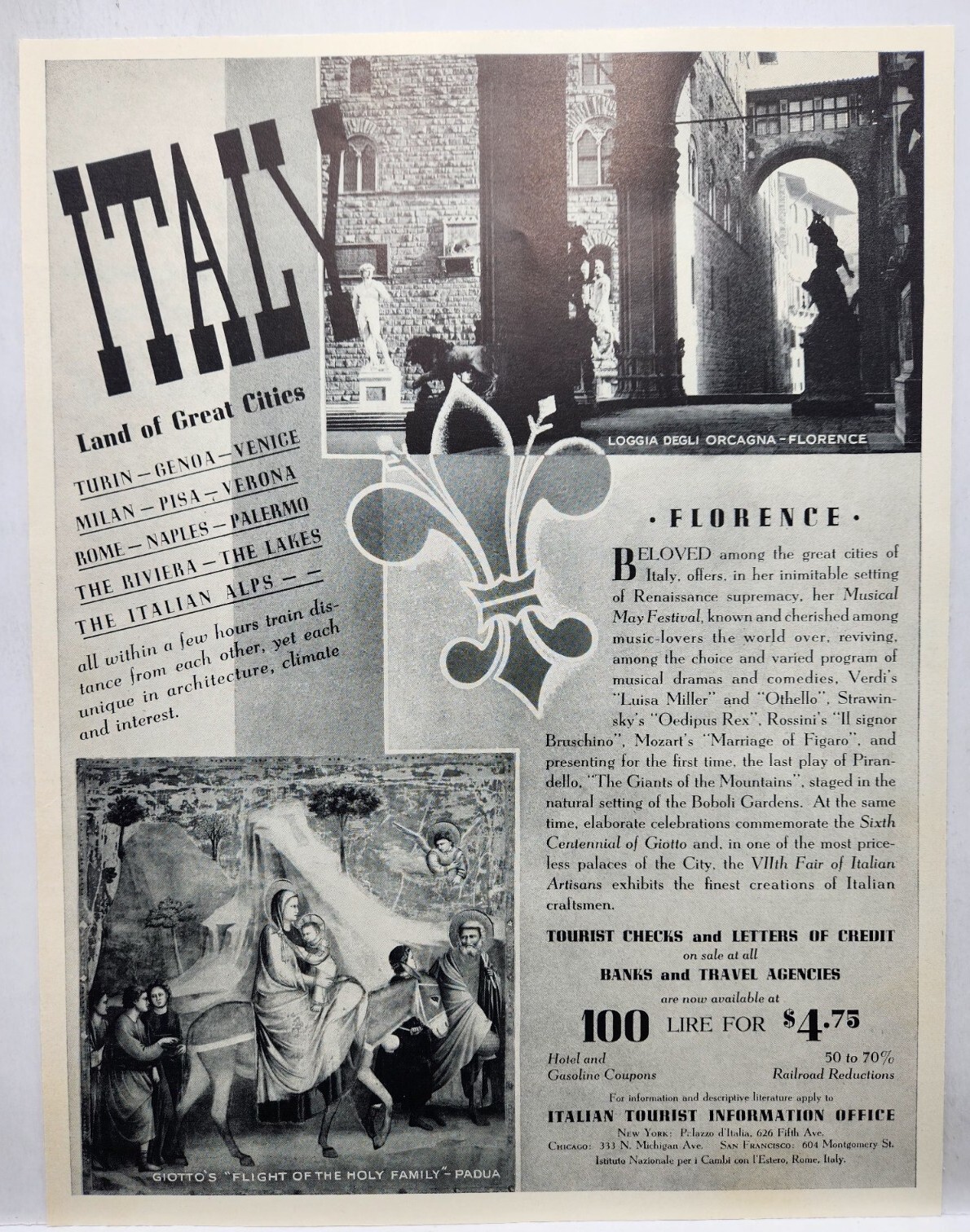 1937 Italy Florence Italian Tourist Original Print Ad Life Magazine 30\'s