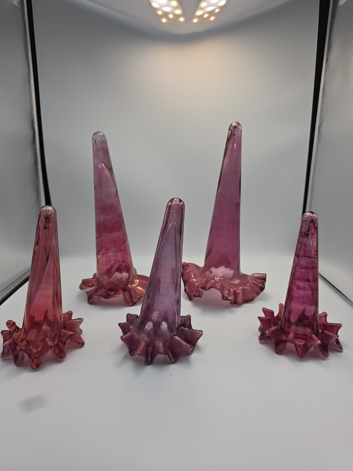 Rare Victorian 5 Five Cranberry Epergne Ruffle Trumpets Swirl Glass Vases VGC