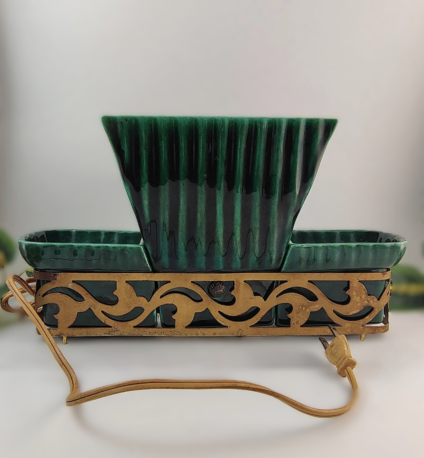 VTG 1950's Miramar of California Ceramic TV Lamp Planter-MCM Brass Filigree Base