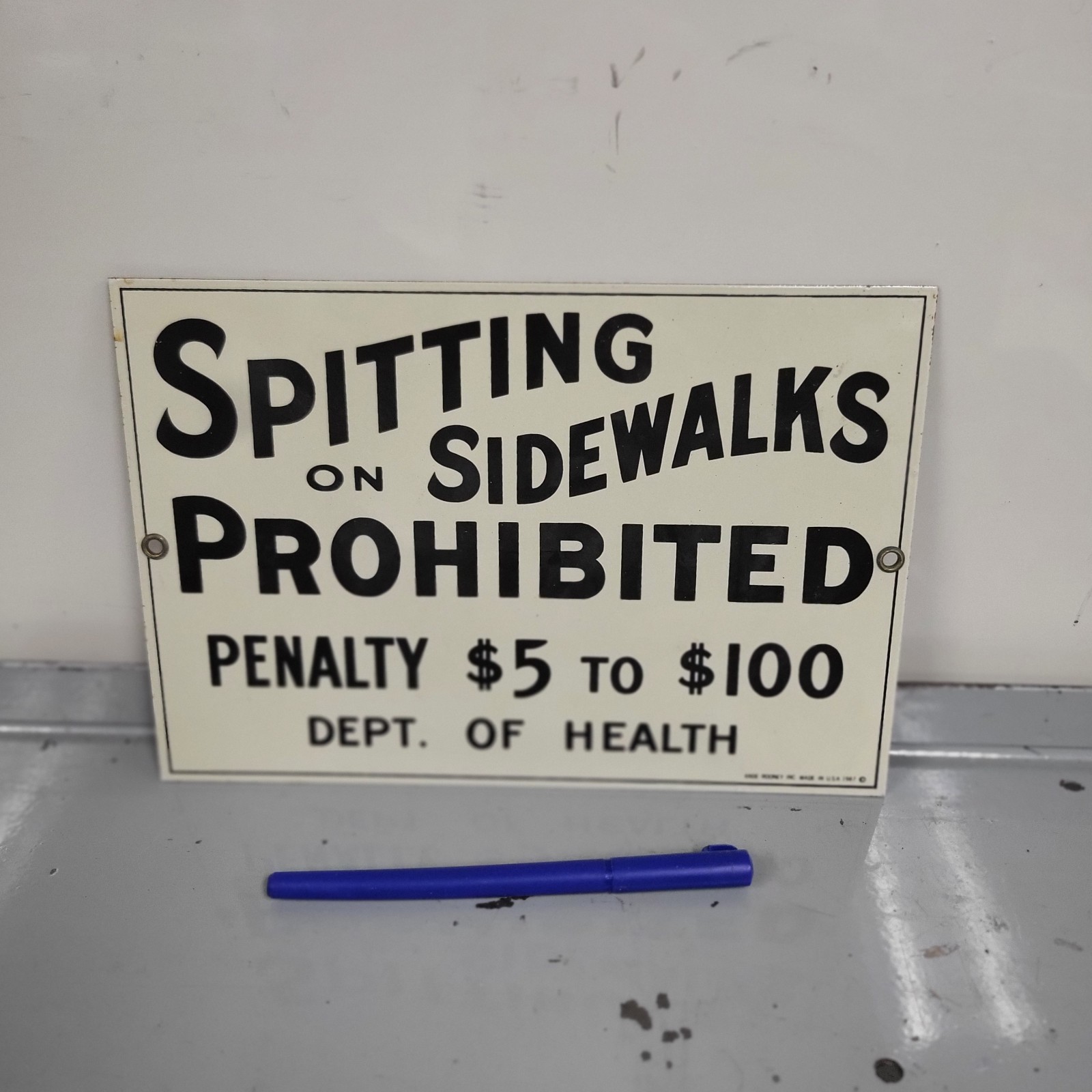Vintage Spitting On Sidewalks Prohibited Ande Rooney Porcelain Enameled Sign