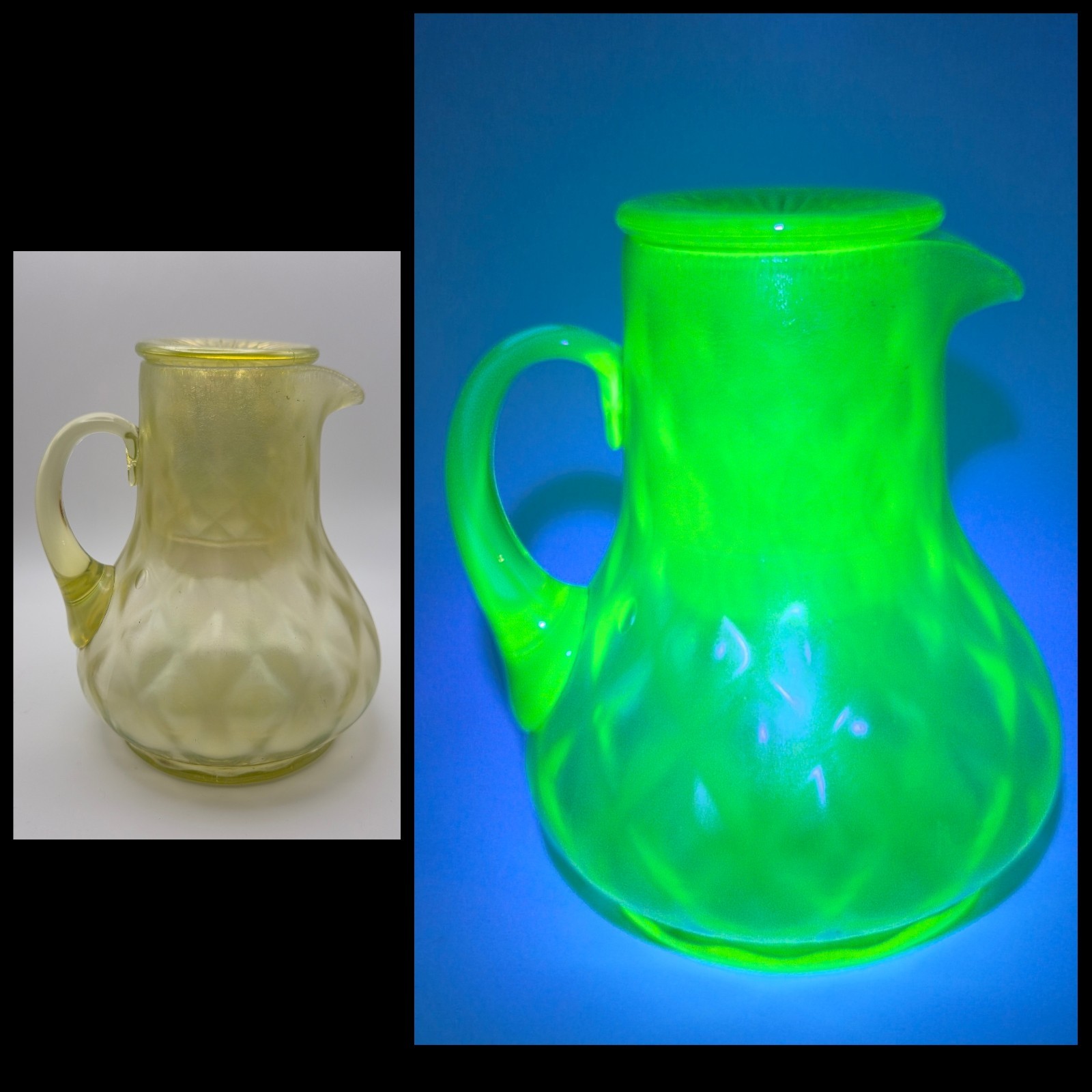 Northwood Diamond Optic Topaz Tumble-up Set Vaseline Glass Carnival GLOWS
