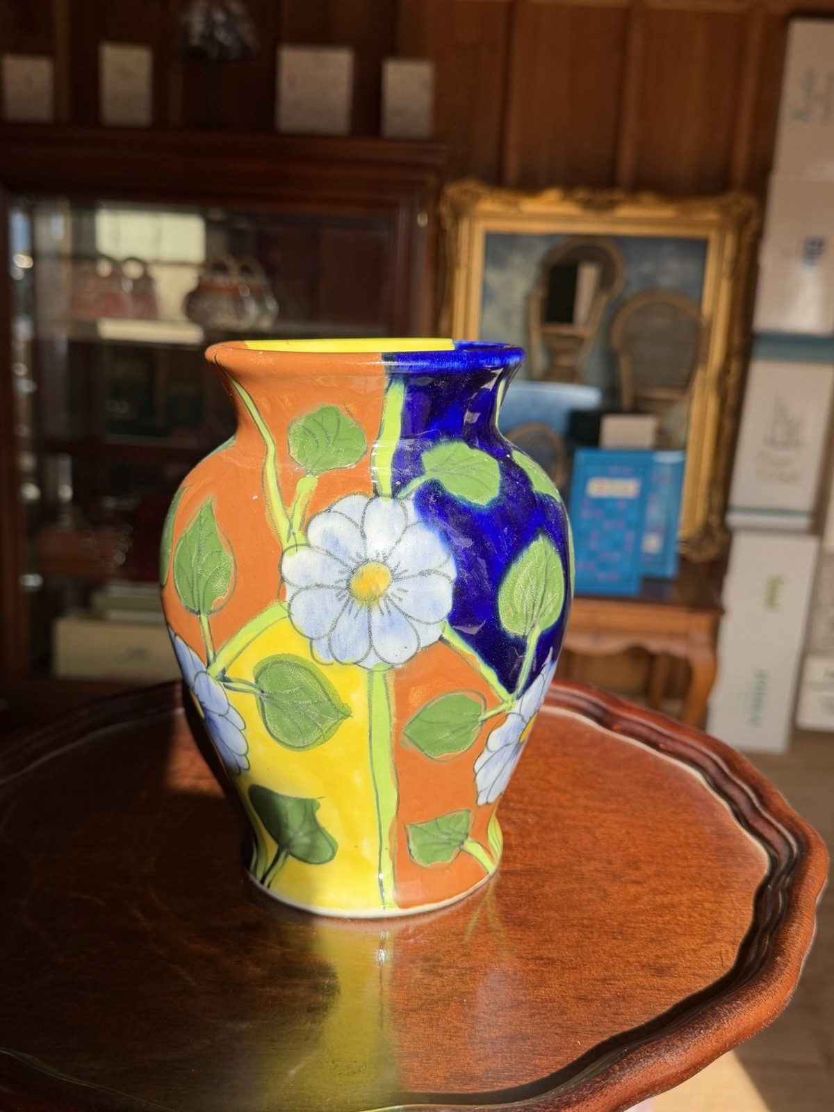 Vintage Talavera Mexico Q Pottery Vase Hand Painted Mexican Folk Art Floral