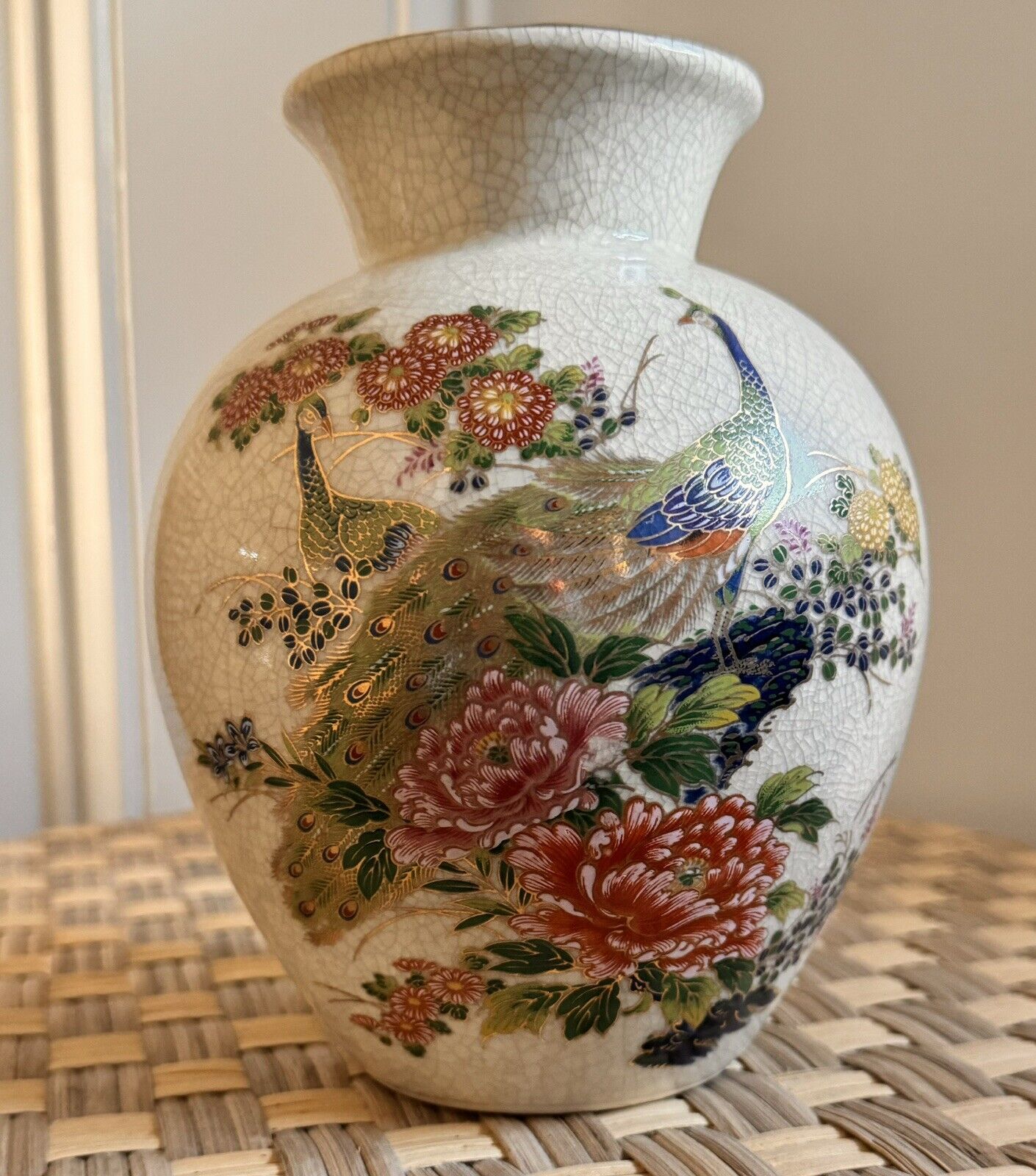 Signed Vintage 1979 Satsuma Andrea By Sadek Porcelain Vase Peacocks And Flowers