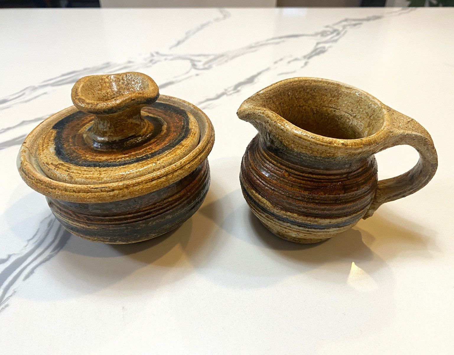 Ceramic Glazed Stoneware Handmade Creamer & Lidded Sugar Bowl Set, 3pc 4in Brown