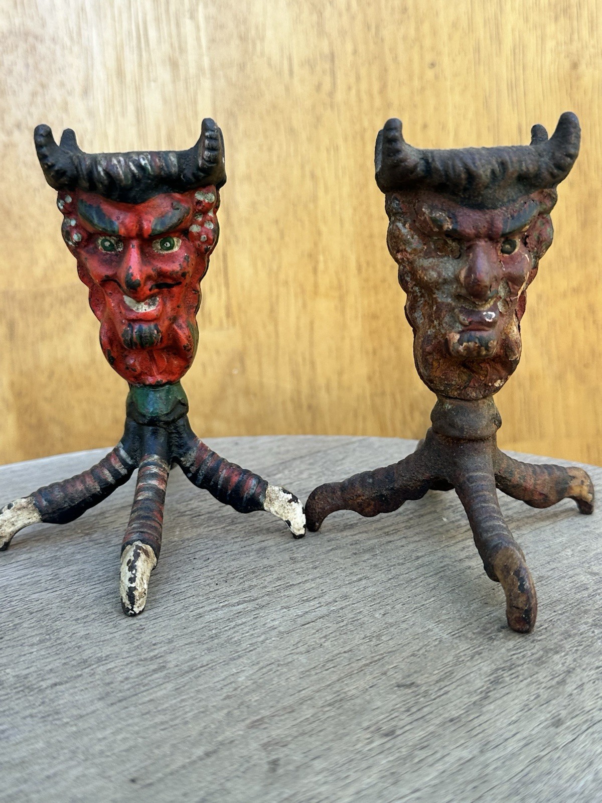 Pair Antique Cast Iron Devil Head Candle Holders Double Sided Bird Claw Foot 4