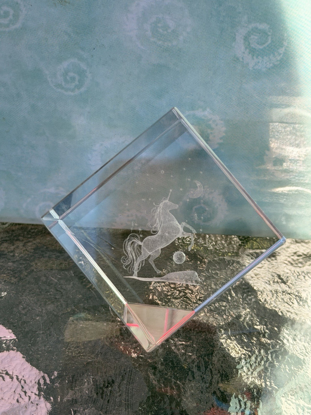 VTG 3D Laser Etched Crystal Art Glass Prism Paperweight Rearing Unicorn W/ Stand