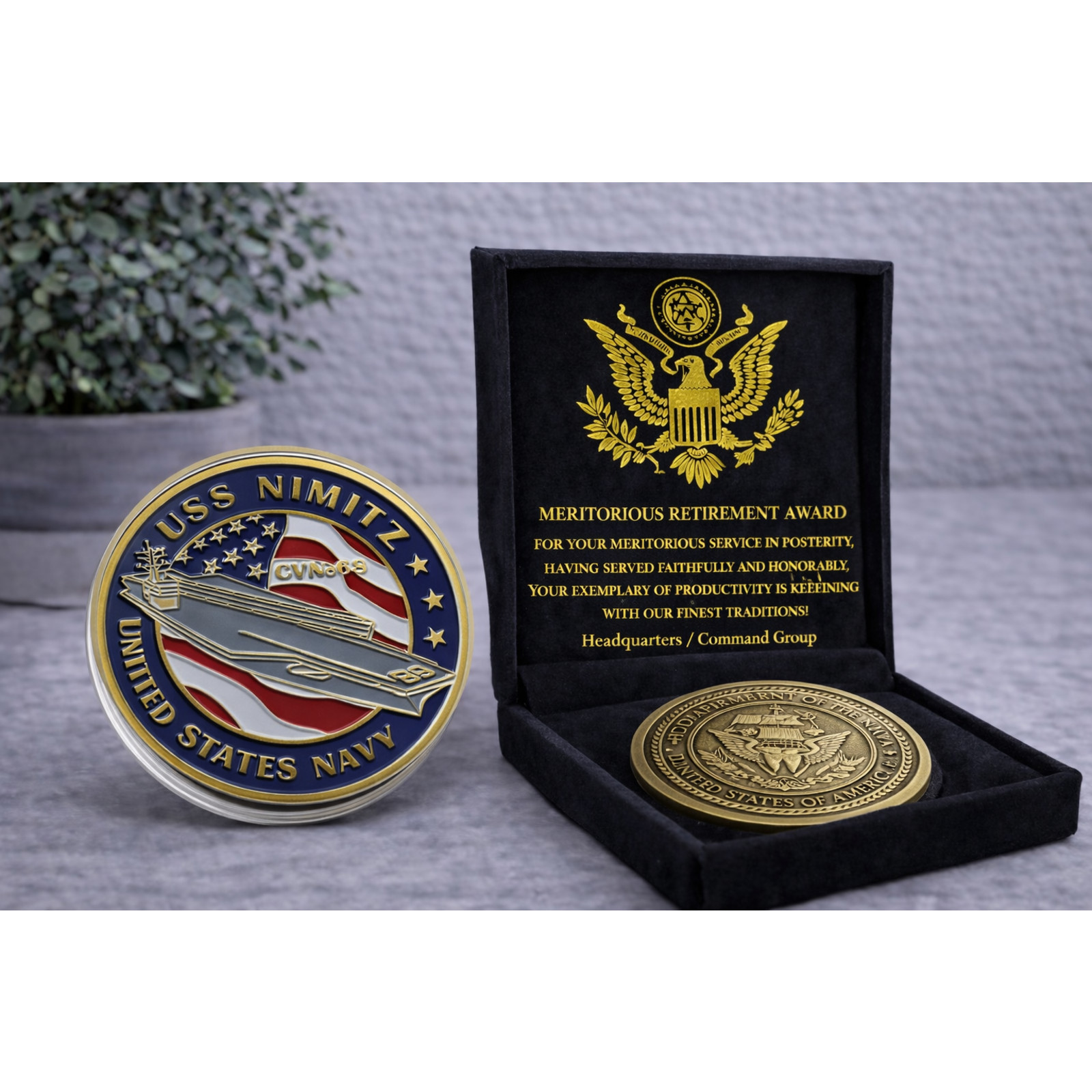 US NAVY - USS NIMITZ CVN-68 Challenge Coin w/ Retirement Award