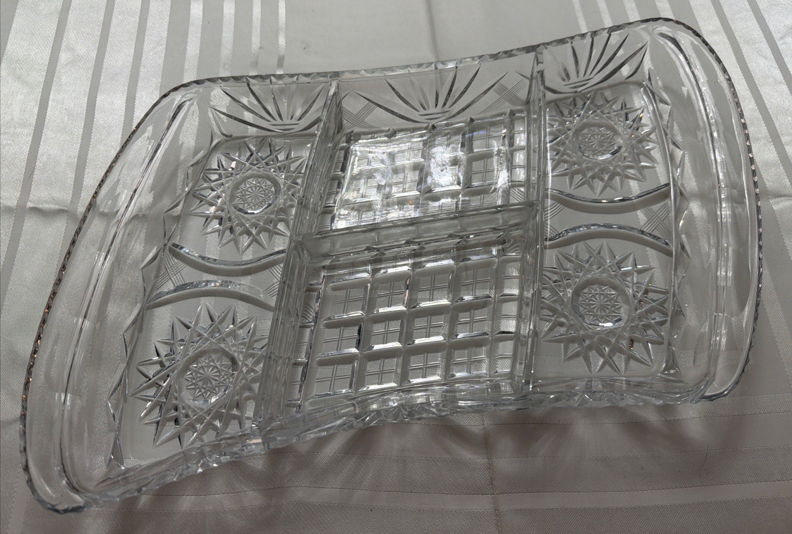 Offset Rectangular Relish Dish Lead Crystal Divided Block & Fan Pattern Clear