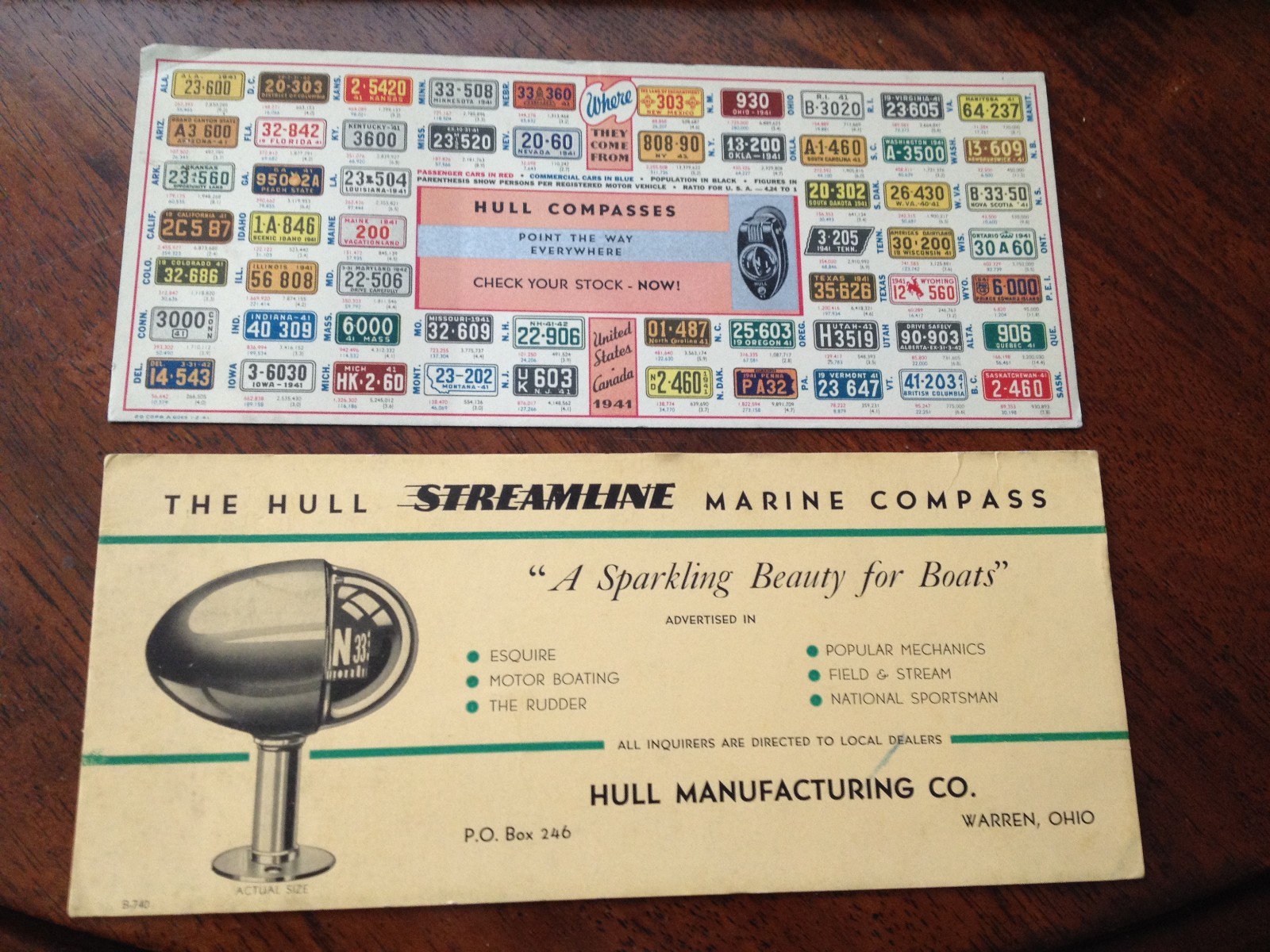 VINTAGE HULL COMPASS 1941 LICENSE PLATE, STREAMLINE MARINE ADVERTISING PAPERWORK