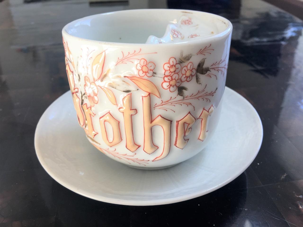Antique Mustache Cup BROTHER Embossed Raised Letters Hand Paint Porcelain Set Antique Mustache Cup BROTHER Embossed Raised Letters Hand Paint Porcelain Set