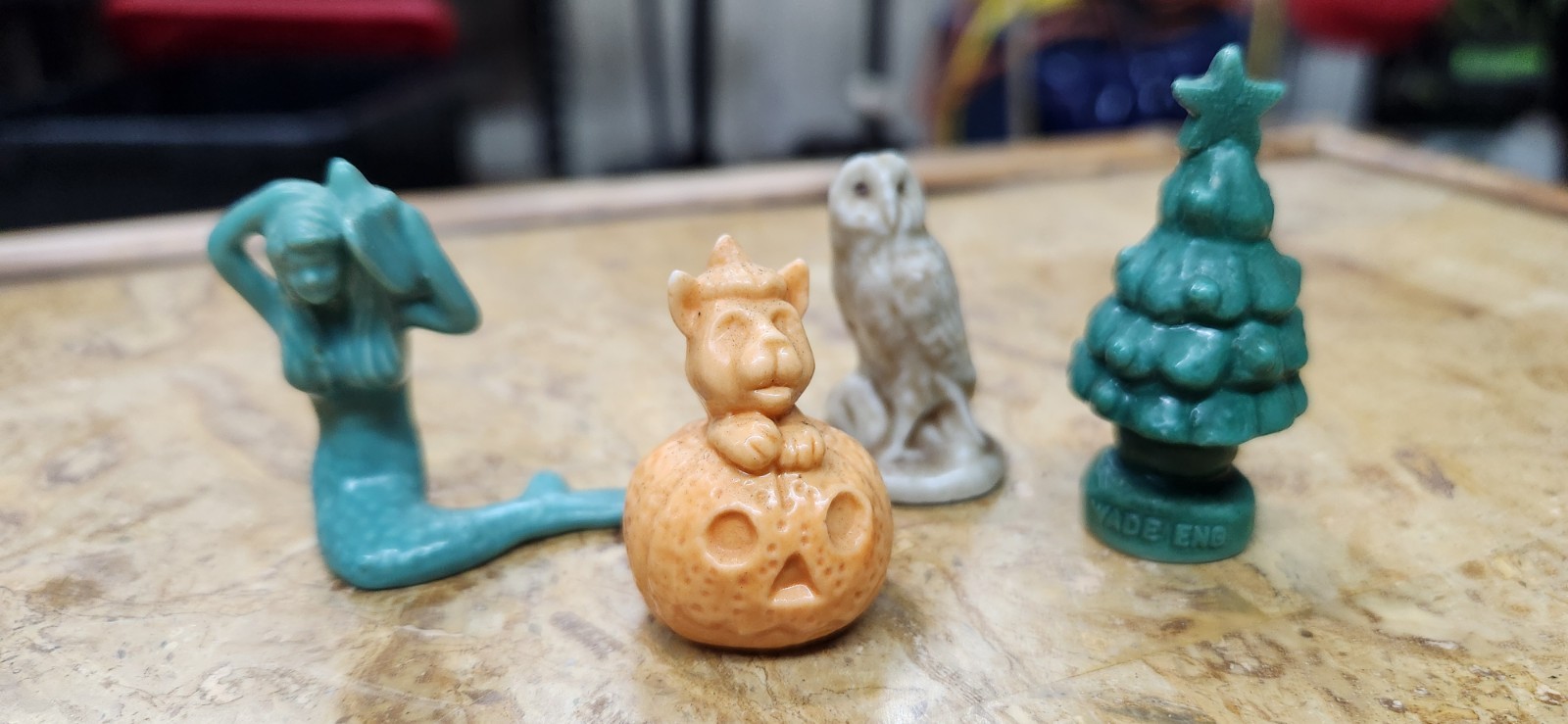4 Vtg Wade England Ceramic Miniature Red Rose Tea Figurines Mermaid Owl Cat Tree