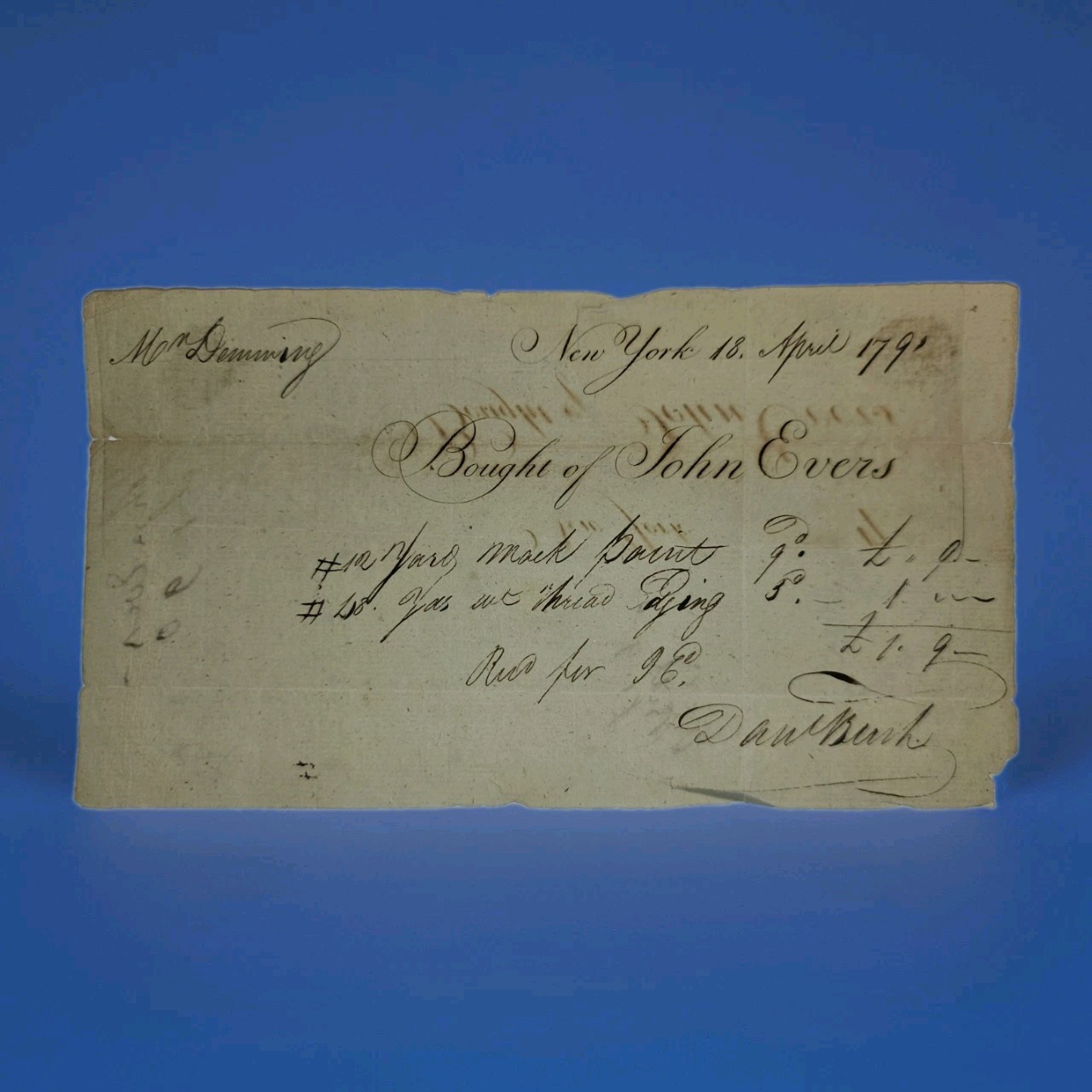 1791 NYC Merchant Receipt John Evers William Denning Revolutionary Patriot Era