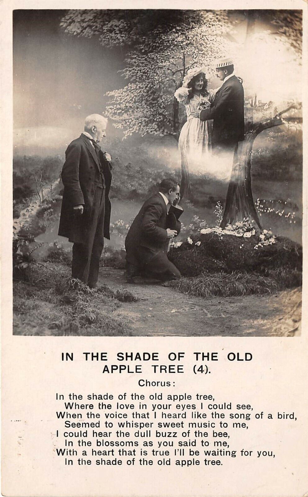 Shade Of Old Apple Tree c1910 Bamforth Photo Postcard Man Prays Over Wife Grave