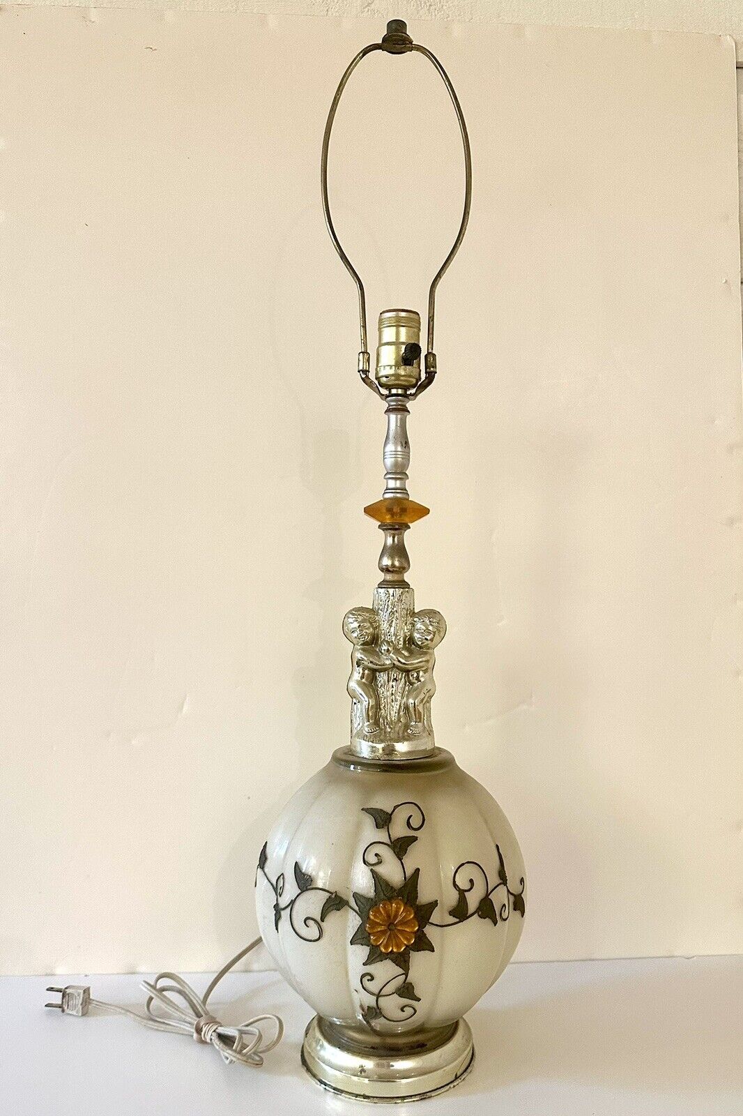 Tall Twin Cherub Lamp Melon Glass Floral Jeweled Ornate MCM Kitsch Vintage Works