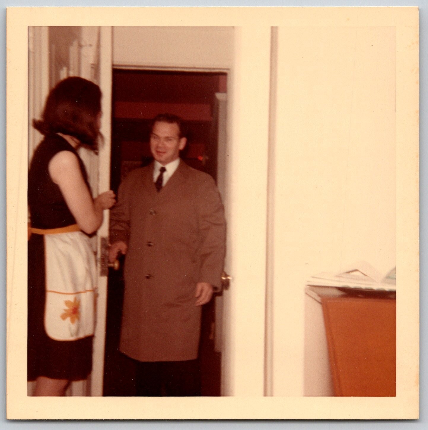 Couple Domestic Scene 1970s Snapshot Photograph Man Woman Home Apron