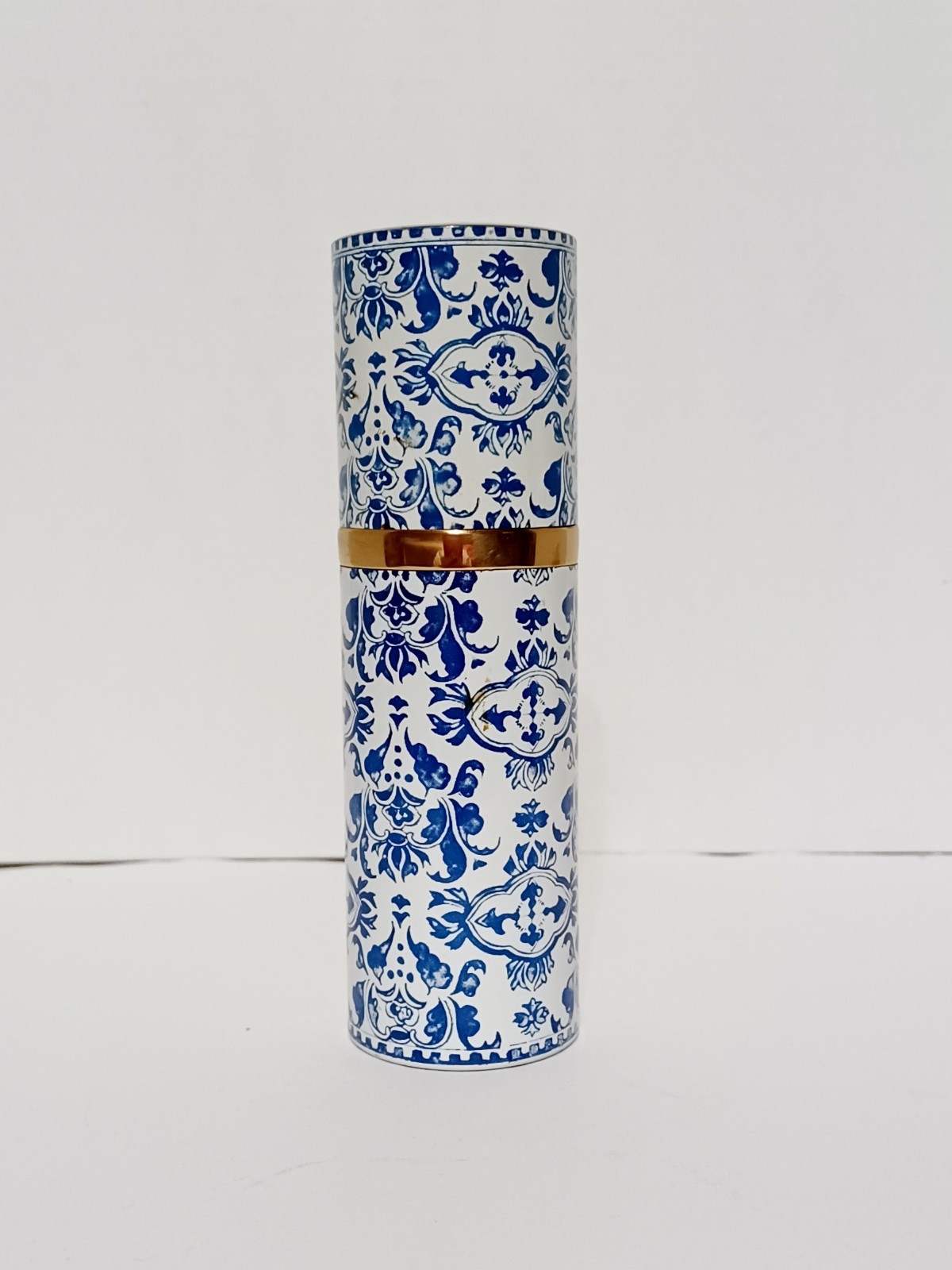60s Guerlain Shalimar Blue White Canister Enamel 3 oz Bottle Spray Vintage