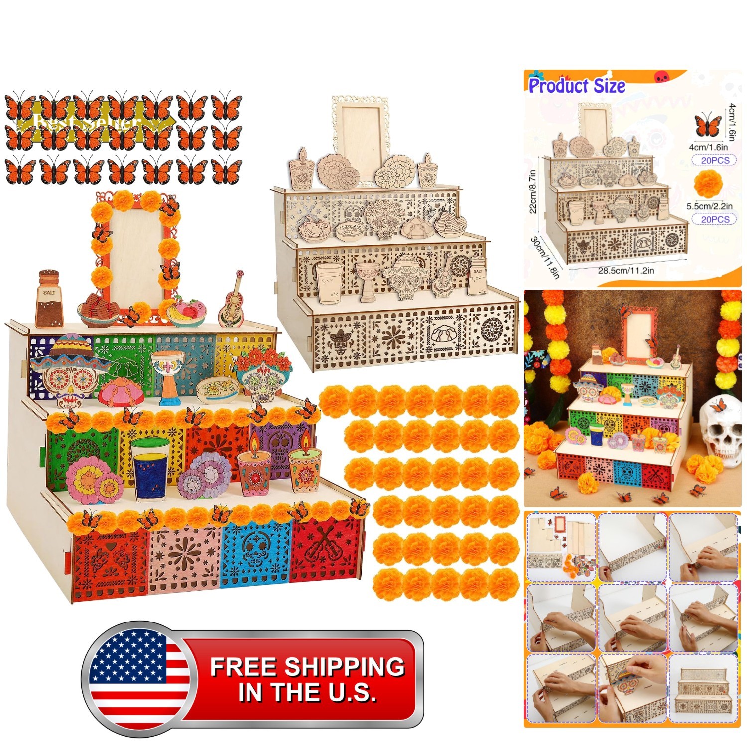 Dia De Muertos Altar Kit, 3-Tier Wooden Day of the Dead Ofrenda
