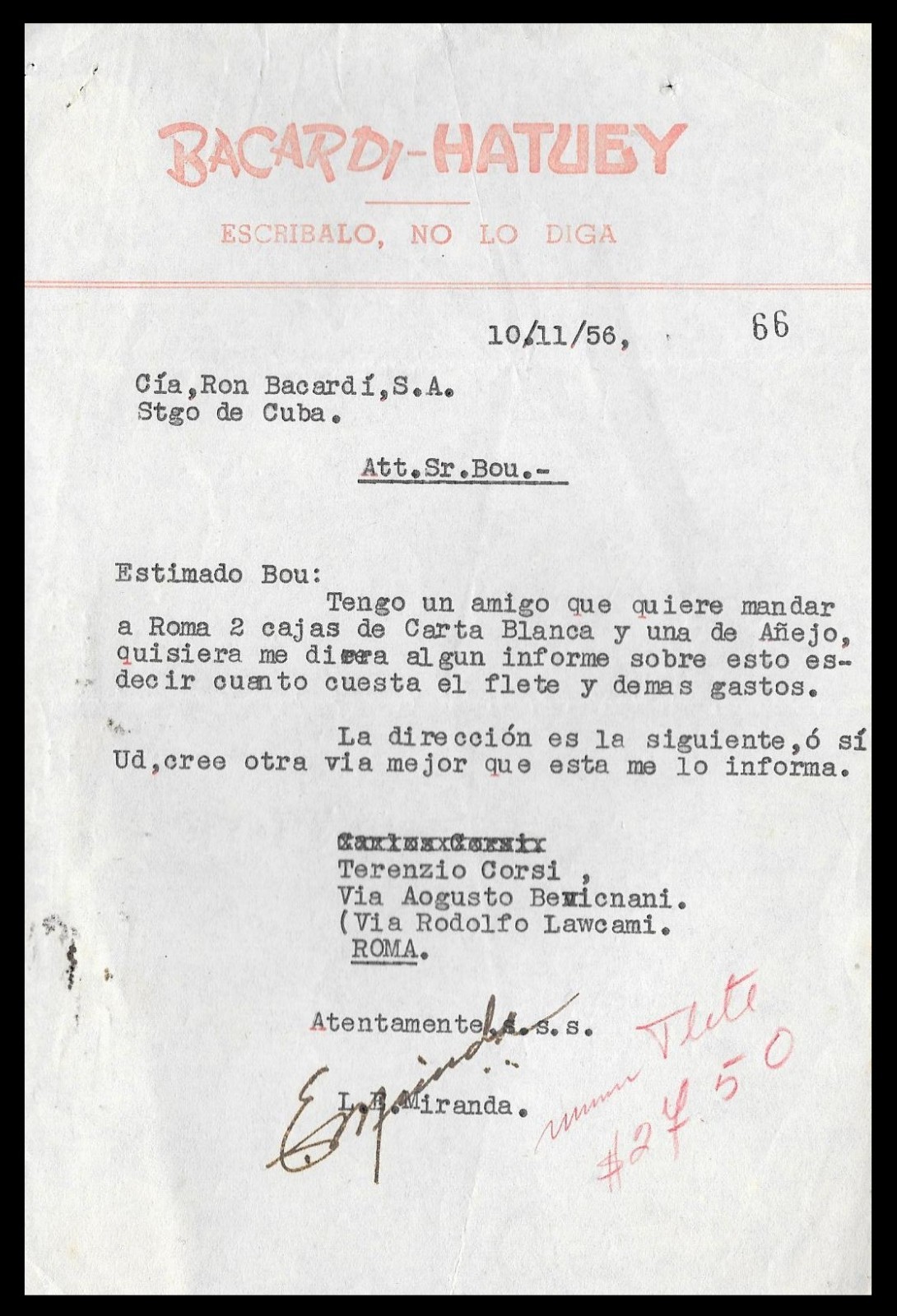 Request for information regarding the export of Bacardi Rum to Rome. 1956
