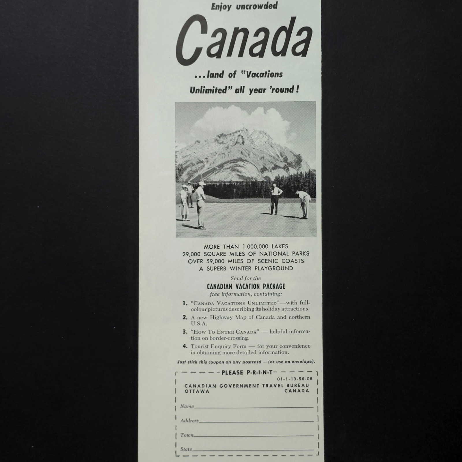 Canada Tourism Travel Vacation National Parks Rocky Mountains 1956 Vtg Print Ad