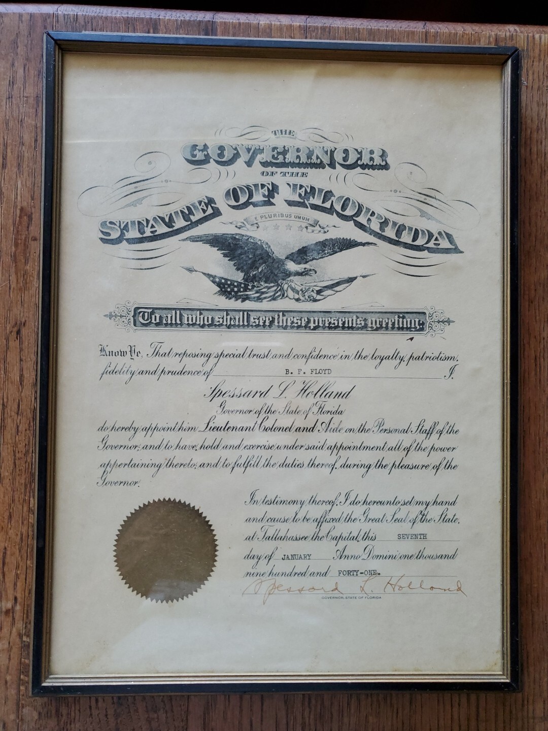 1941 Fl Governor S Holland Appointed B.F. Floyd To Lieutenant Colonel Fl Seal 