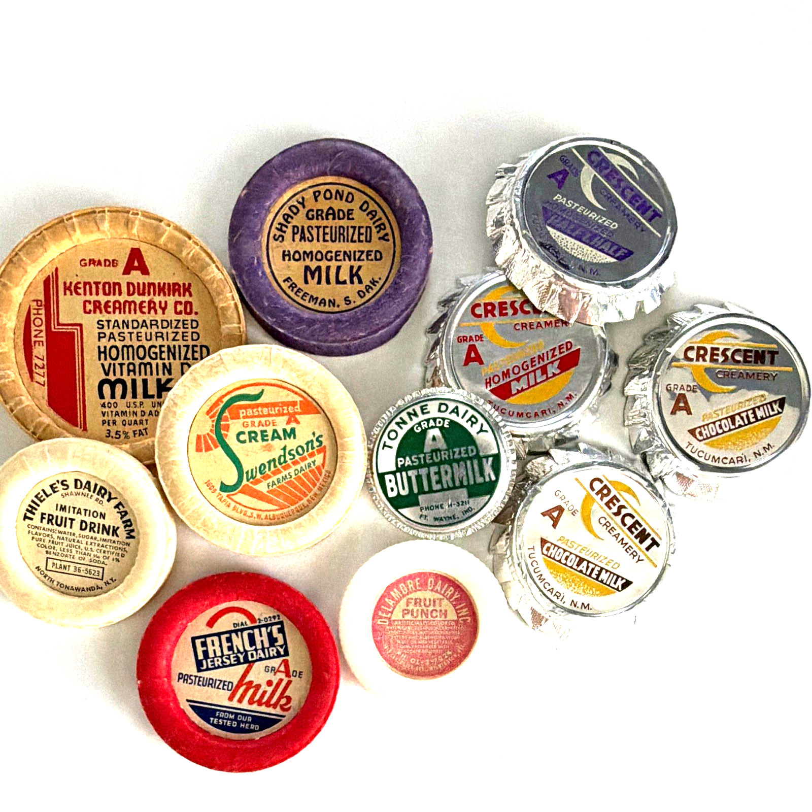 Vintage Milk Bottle Caps Lot Dairy Advertising Crescent French\'s Meadow Gold