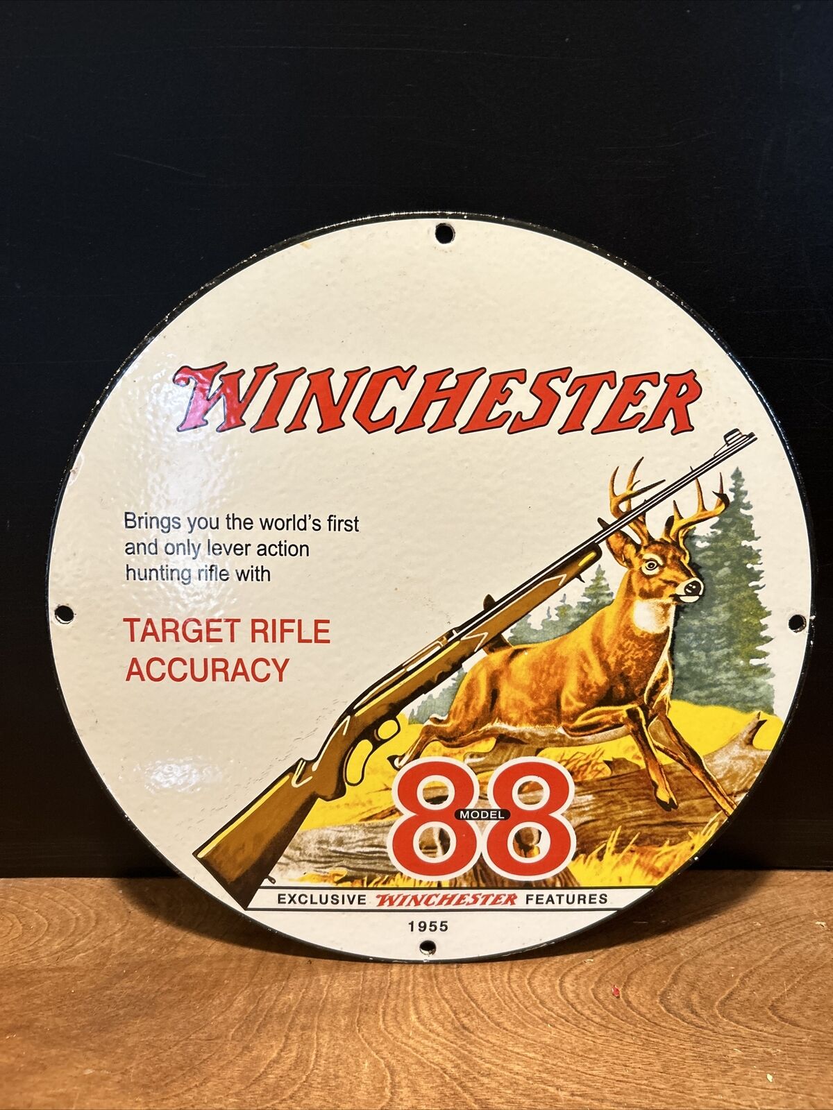 1955 VINTAGE STYLE ''WINCHESTER'' GUNS HUNTING PORCELAIN DEALER PLATE 12 INCH 