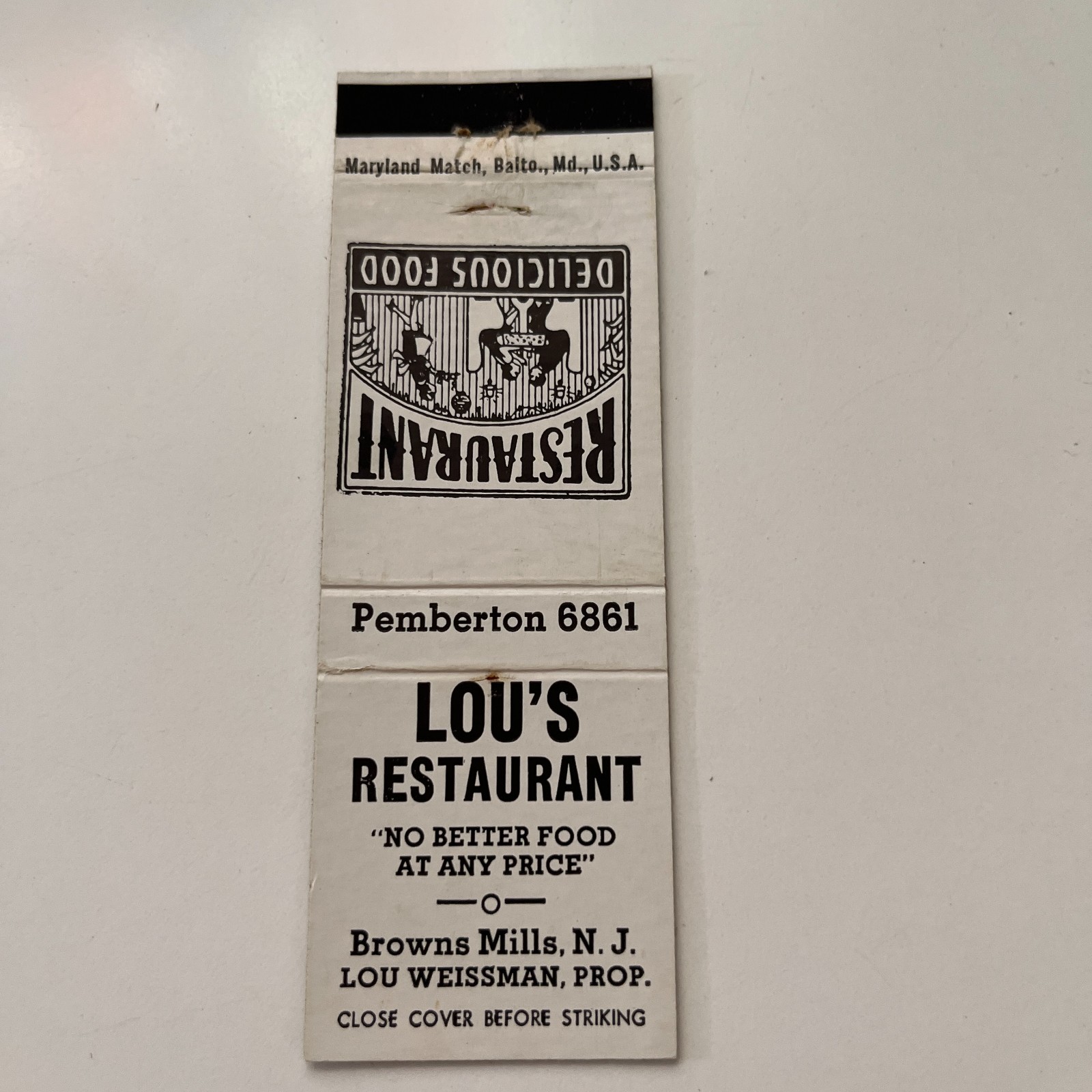 Lou's Restaurant Lou Weissman Browns Mills NJ Vintage Matchbook Cover TMB45-3