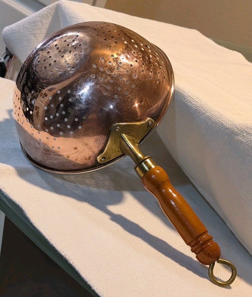 Vintage Copper Colander Strainer Brass Handle Wood Grip 8 Vintage Copper Colander Strainer Brass Handle Wood Grip 8