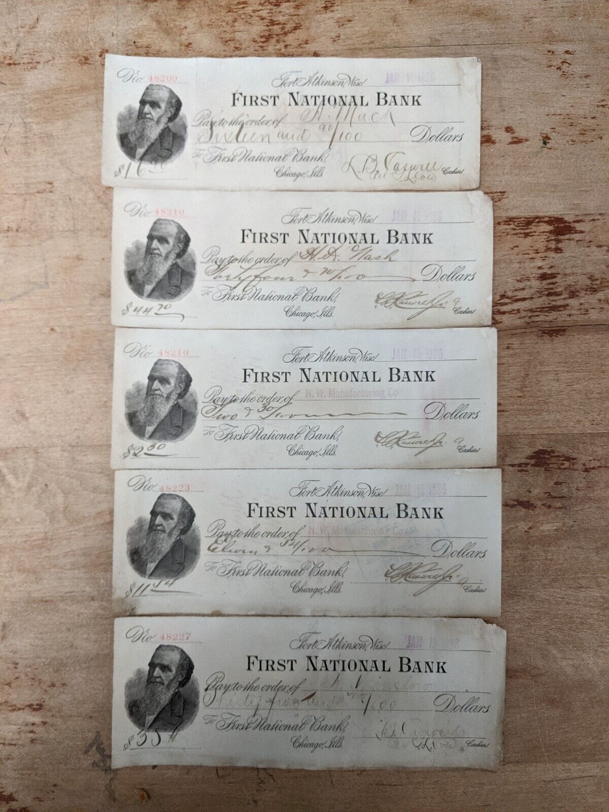 LB Caswell Signed 1886 First National Bank Chicago Used Checks. Lot Of 5