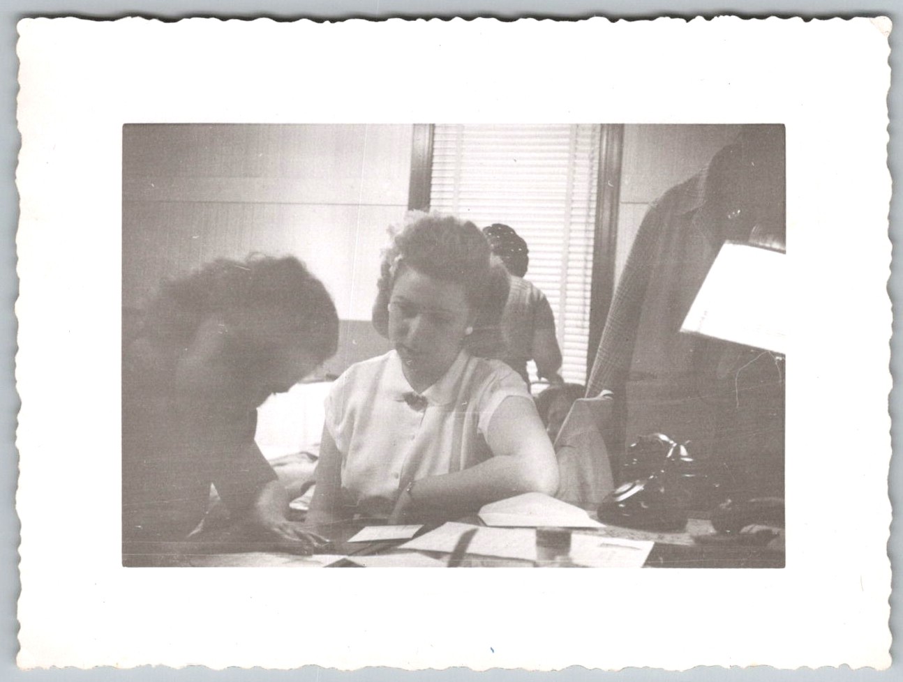 Vtg B&W Snapshot Women Working Office Desk Telephone Blinds 1940s
