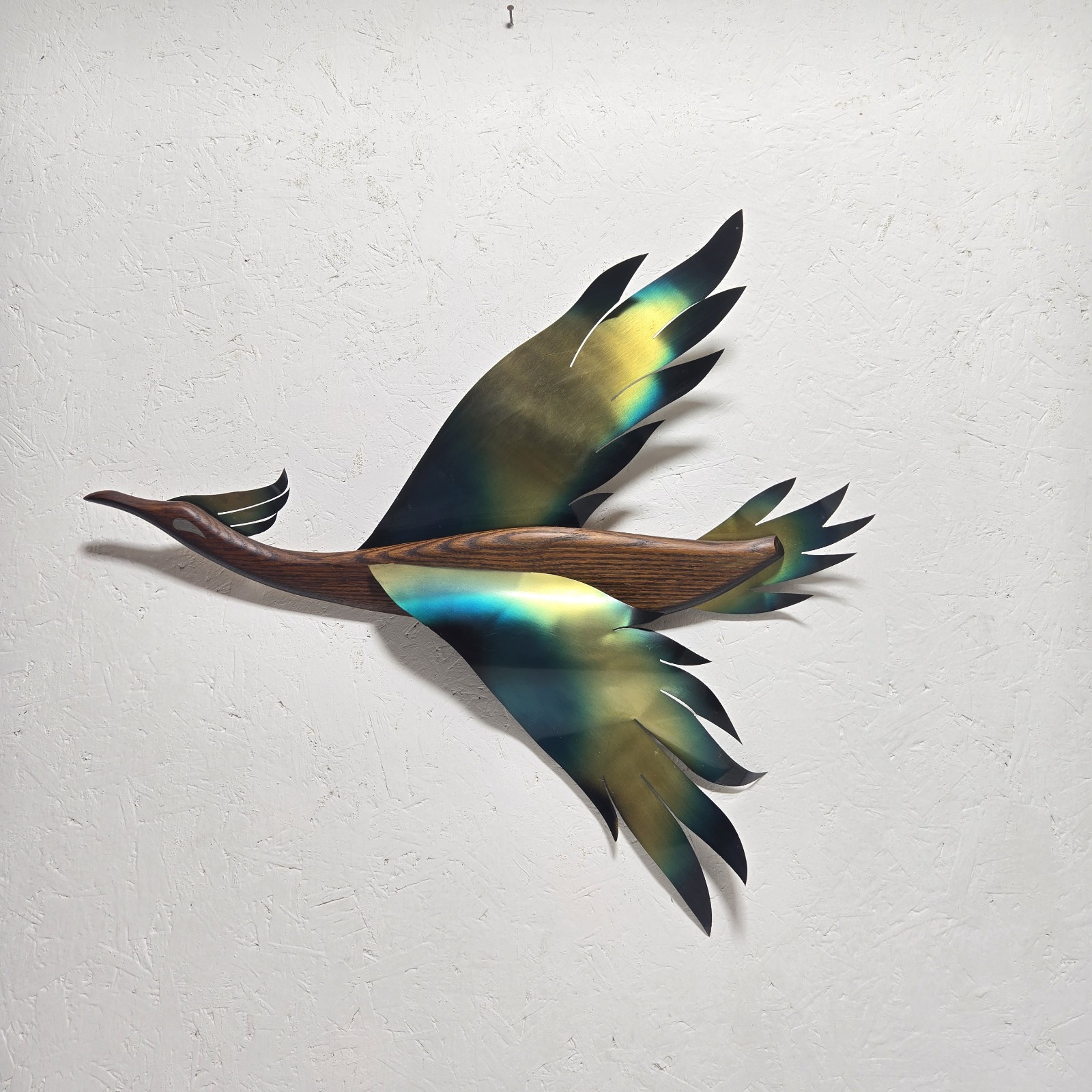 RARE Vtg Masketeers Inc 1962 Wood Brass Wall Sculpture Art PHOENIX Duck Bird MCM