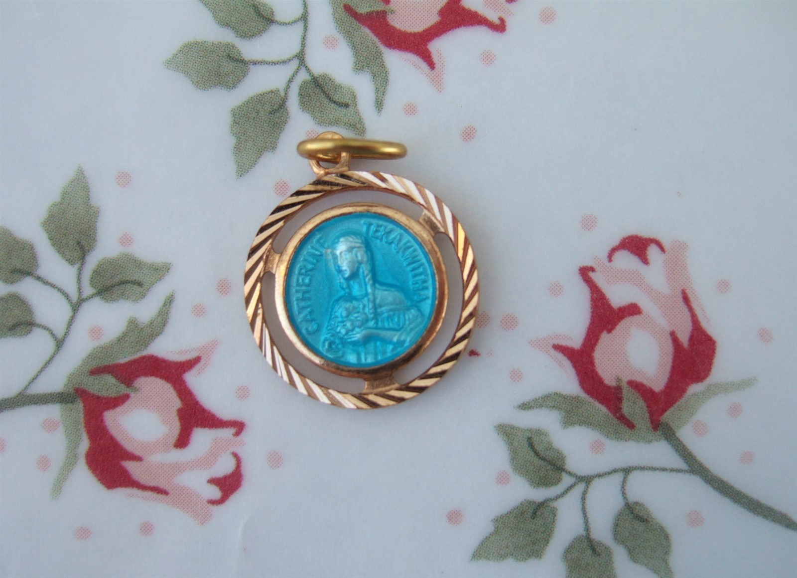 Vintage Catholic Medal KATERI TEKAKWITHA Blue Enamel Indian Saint Gold finish