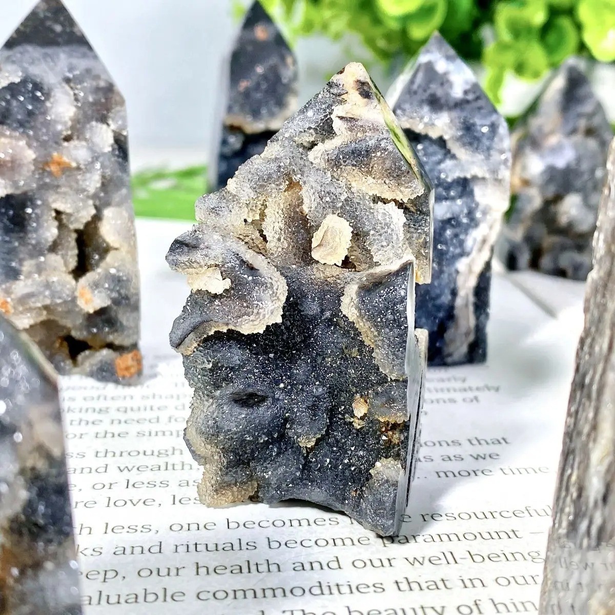 Natural Black Sphalerite Druzy Geode Crystal Tower Obelisk Reiki Healing Decor