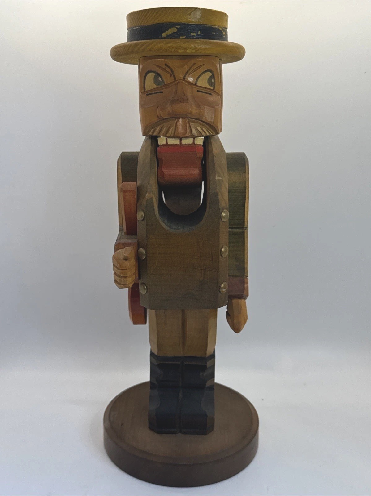 Vintage Wooden German Rhonkunst Hand Carved Musician Hobo Nutcracker