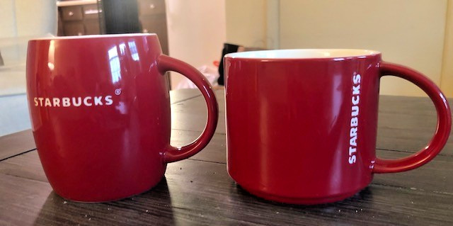 Set of 2- 2011 and 2012 Starbucks Coffee Mugs Red with White Embossed Text