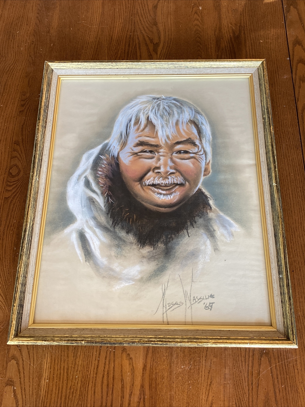 Dated 1969 Moses Uksuq Wassilie Alaskan Artist Eskimo Man Original Pastel Signed