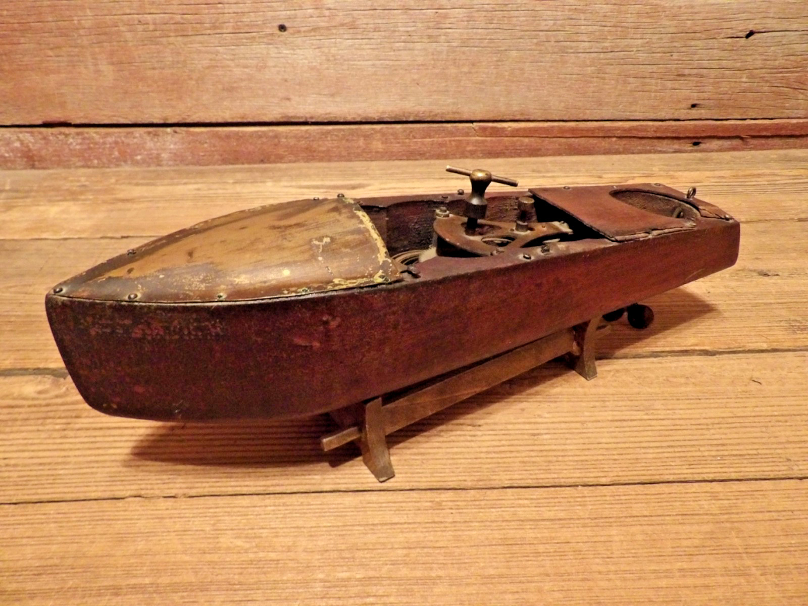 Vintage 1920's Mengel Playthings Miss America Mahogany Brass Wind-Up Boat- PARTS