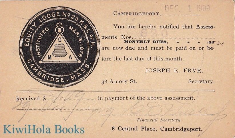 Postcard Equity Lodge No 23 K & L of H Cambridge MA 