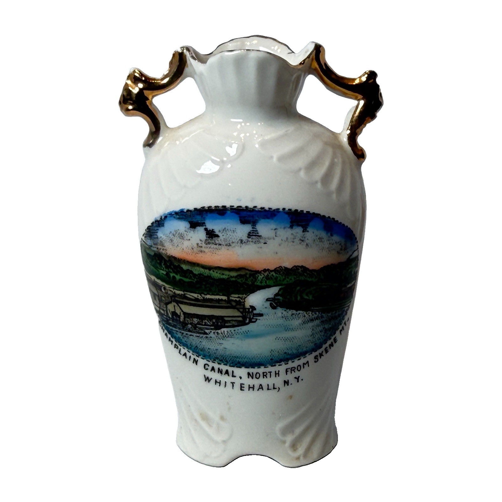WHITEHALL NY NEW YORK Souvenir Porcelain CHAMPLAIN CANAL Vase Trinket ANTIQUE