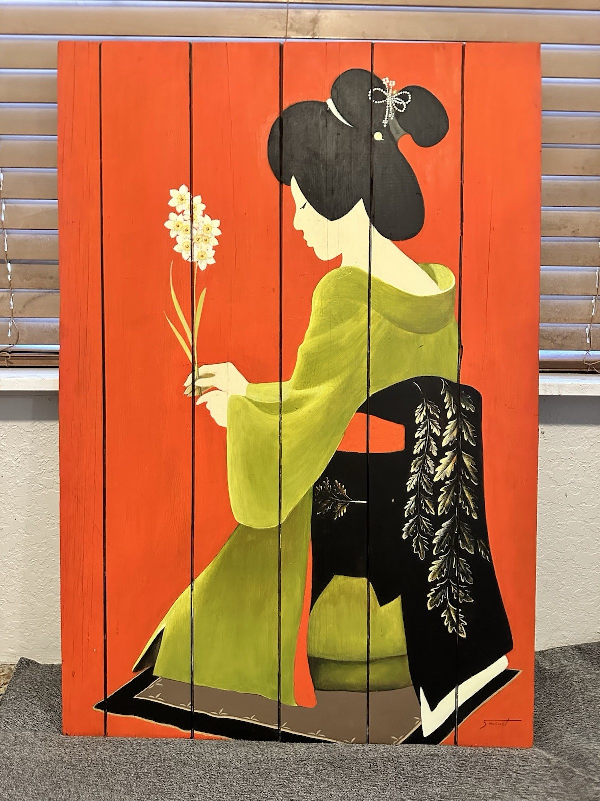 RARE Geisha Japanese Acrylic Hand Painted Wooden Panel Picture 25.5/37