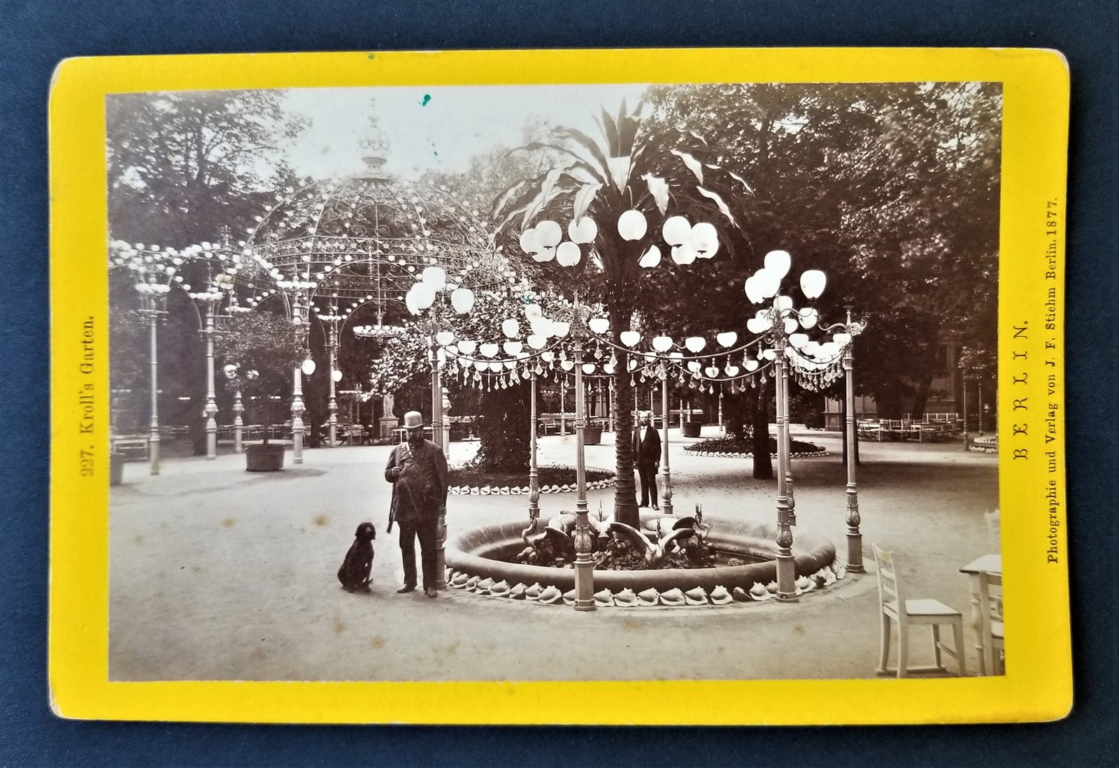 1877 antique KROLL\'S BEER GARDEN Berlin Germany PHOTOGRAPH cobb signed MAN DOG