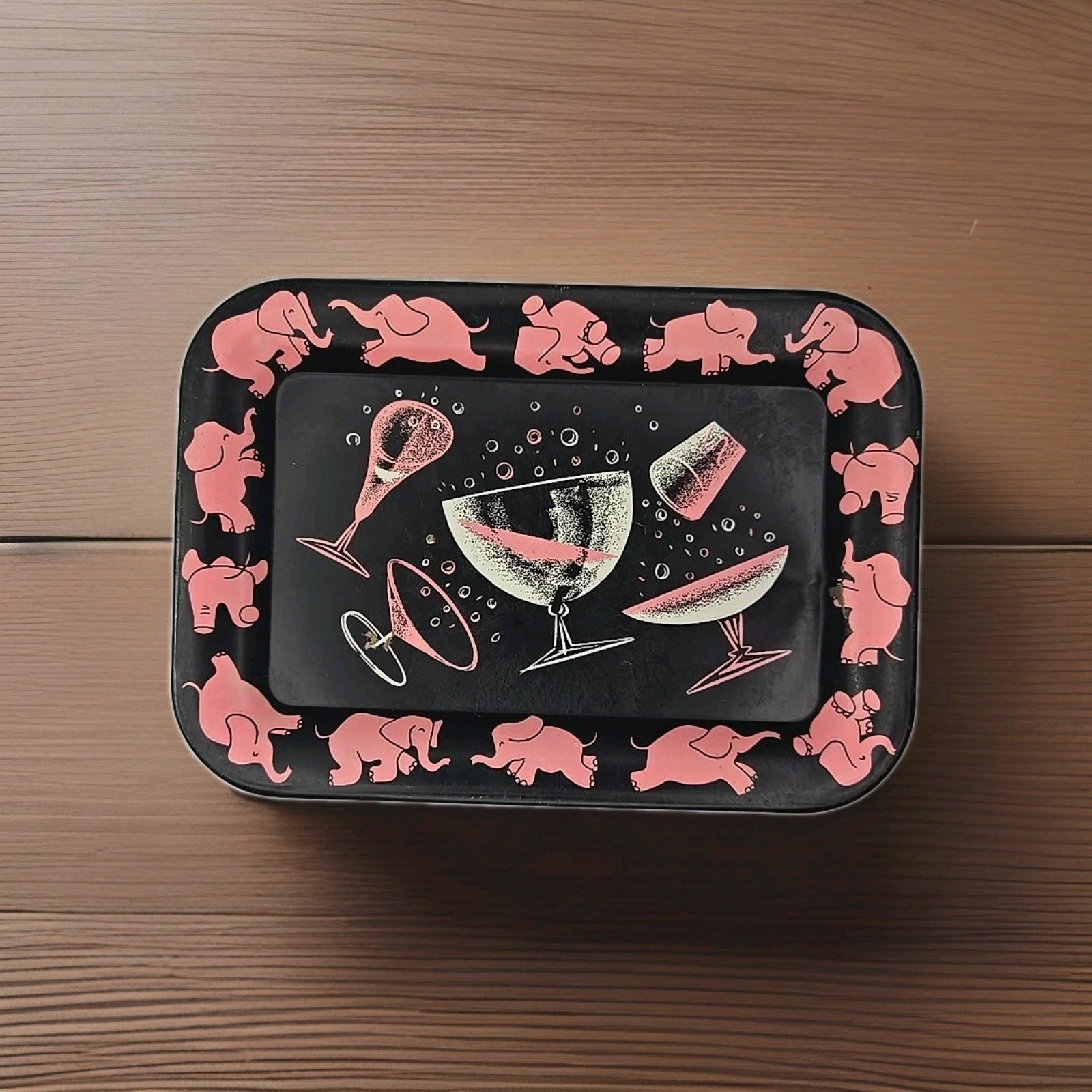 Vtg Hazel Atlas Pink Bubbly Elephants & Cocktails Tin Tip Tray MCM Vtg Hazel Atlas Pink Bubbly Elephants & Cocktails Tin Tip Tray MCM